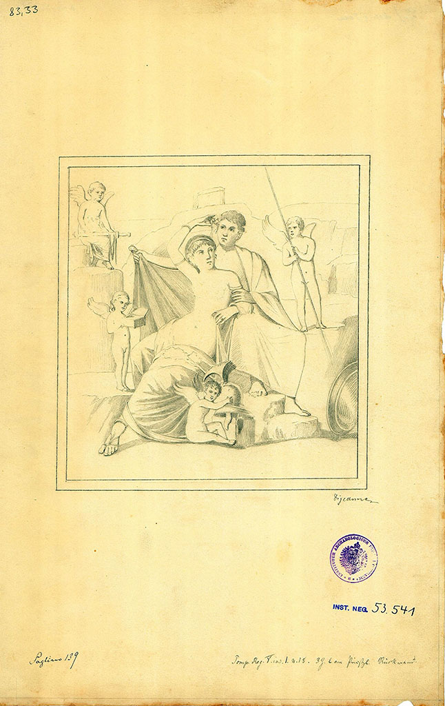 V.1.18 Pompeii. Copy by Discanno of wall painting of Mars and Venus from exedra “o”.
DAIR 83.33. Photo © Deutsches Archäologisches Institut, Abteilung Rom, Arkiv.
See http://arachne.uni-koeln.de/item/marbilder/5022208