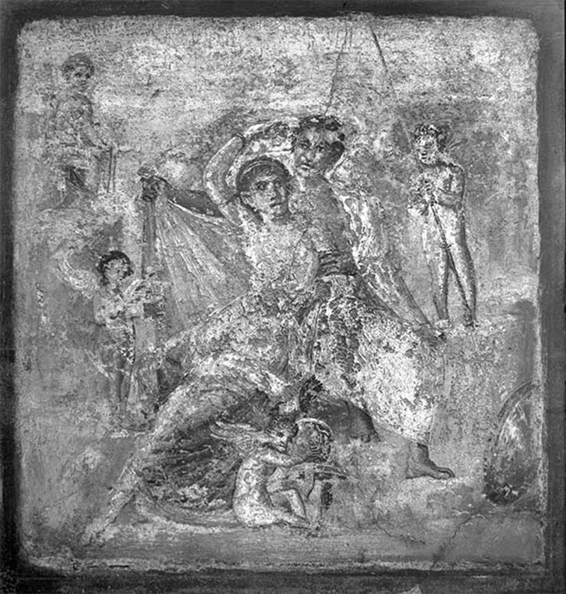 V.1.18 Pompeii. 19th century photograph of painting of Mars and Venus.
Exedra “o” on north side of peristyle. North wall.