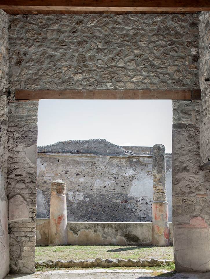 V.1.18 Pompeii. 2013.
Room “p”, oecus, south wall with doorway to peristyle. Photo by Hans Thorwid.
Photo courtesy of The Swedish Pompeii Project.