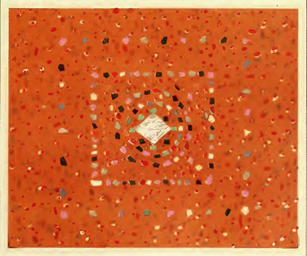 V.1.18 Pompeii. Tablinum “g”. Red screed floor inlaid with coloured marble chips in the middle.
According to Presuhn;
“To the right of tablinum is a bedroom “f” with crude walls. From the Decoration of the tablinum unfortunately little remains; black intermediate fields separated red and yellow wall panels, like the atrium, decorated in second style. (Pr. Wandd. p. 13). A panel by “g”, although badly damaged, is still recognizable; Venus and Adonis are shown here: With a pretty crying Amor, who survived the destruction of the image until now.
On the one side field a cupid leads a greyhound on a leash. on the other side, a cupid has killed in a boar; in the yellow top wall he carries a beautiful garland. 
The red screed floor of the tablinum has an ornament inlaid with coloured marble chips in the middle.”

„Rechts vom Tablinum ist ein Schlafzimmer (e) mit rohen Wänden. Von der Decoration des TabIinum ist leider wenig erhalten; schwarze Zwischenfelder trennten rothe und gelbe Wandfelder. gleich dem Atrium im Stil der zweiten Epoche componirt (Pr. Wandd. p. 13). Ein Tafelbild (bei f). obgleich sehr zerstört. ist noch erkennbar; Venus und Adonis sind hier dargestellt (vgl. HeIbig, Wandgemälde 329-345): mit einem hübschen weinenden Amor, der die Zerstörung des Bildes bis jetzt überdauert hat.
Auf dem einen Seitenfelde führt ein Amoretto einen Windhund an der Leine. auf dem anderen steht er bei einem erlegten Eber; in der gelben Oberwand tragt er eine prächtige Guirlande (Pr. Wandd. Tafel XIX). Der rothe Estrich-Fussboden des Tablinums hat in der Mitte eine Verzierung mit eingelegten bunten Marmorstückchen (Tafel IlI unten) .“

See Presuhn E., 1882. Pompeji: Die Neuesten Ausgrabungen  von 1874 bis 1881. Leipzig: Weigel. Abtheilung II, p. 3-4, Taf III, lower.
See Presuhn E, 1877. Die pompejanischen Wanddecorationen. Leipzig: Weigel, Taf. XIX.
