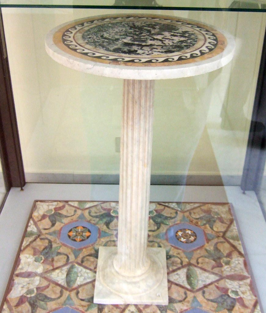 Marble table found in V.1.18 Pompeii. Now in Naples Archaeological Museum. Inventory number 120530.
