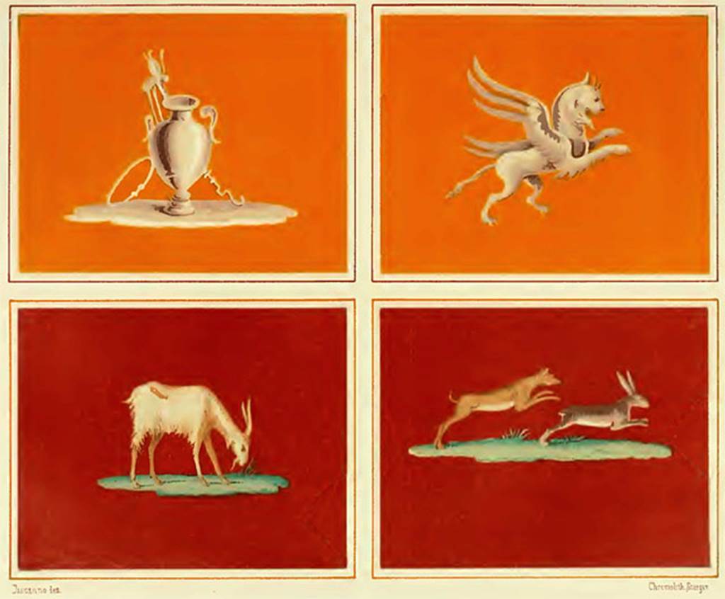 Decorative figures. Top two cubiculum “f”. Bottom two ala “e”
See Presuhn E., 1882. Pompeji: Die Neuesten Ausgrabungen von 1874 bis 1881. Leipzig: Weigel. Abtheilung II, Taf V.