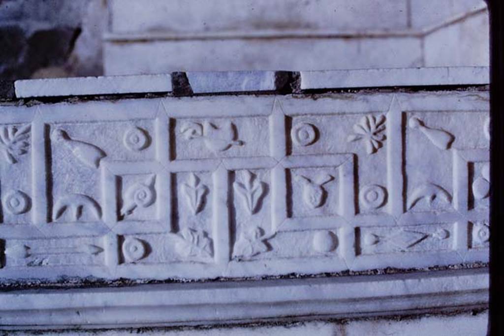 V.1.26 Pompeii. 1968. Detail from centre side of top of altar in atrium. Photo by Stanley A. Jashemski.
Source: The Wilhelmina and Stanley A. Jashemski archive in the University of Maryland Library, Special Collections (See collection page) and made available under the Creative Commons Attribution-Non Commercial License v.4. See Licence and use details.
J68f1886