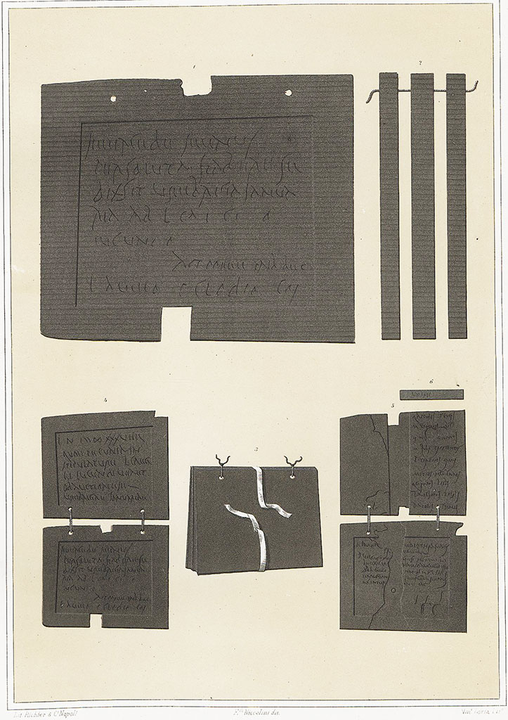 V.1.26 Pompeii. Drawing of wax tablets by Niccolini.
According to Nicolini –
“In July of 1875 these were found above the portico of the peristyle, in the space of about half a cubic metre, neatly collected, one hundred and thirty-two writing tablets (libelli), including triptychs, diptychs and single ones, engraved with a stylus on tablets coated with wax. Unique example found to date, and since described by Professor De Petra, current Director of the National Museum.”
See Niccolini F, 1862. Le case ed i monumenti di Pompei: Volume Secondo. Napoli, Tav. LX.