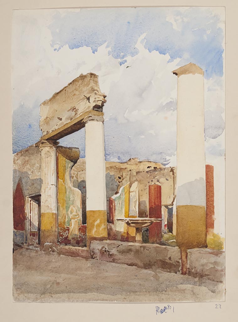 V.1.26 Pompeii. 1884. Water colour by Isak Gustaf Clason. Room L, portico on north side of garden, looking east.
Only known representation of the water nymph belonging to the decoration of the north portico, described by A. Mau, BdI 1876, p. 231.
Now in the Konstakademien Stockholm. Photo courtesy of The Swedish Pompeii Project.