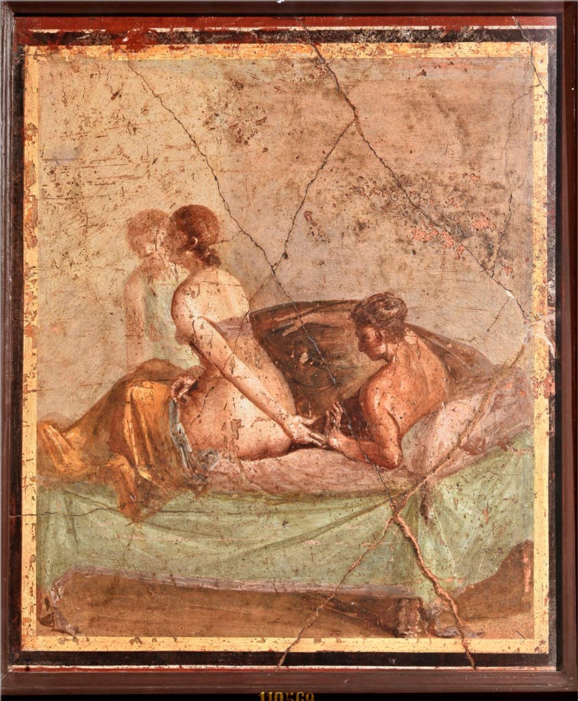 V.1.26 Pompeii. Found in peristyle L. Love scene with figure in background.
Now in Naples Archaeological Museum. Inventory number 110569.