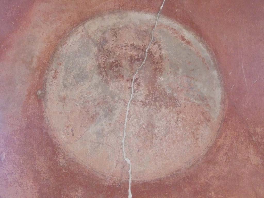 V.1.26 Pompeii. March 2009.
Room “o”, west end of south wall of triclinium, painted medallion of feminine face in south-west corner.
See Schefold, K., 1962. Vergessenes Pompeji. Bern: Francke. (p.212, fig 180, 4)