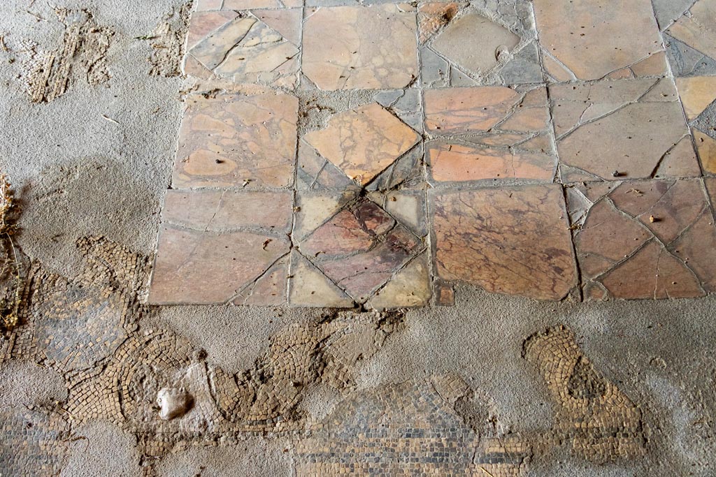 V.1.26 Pompeii. October 2023.
Room “o”, detail of opus sectile flooring in the centre of the floor, with black and white decorated mosaic cornice.
Photo courtesy of Johannes Eber