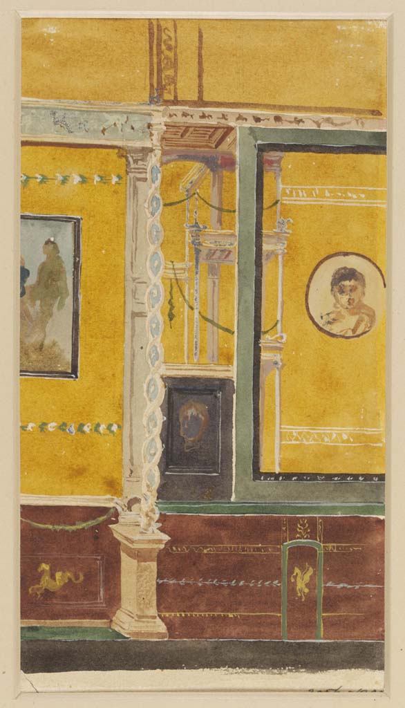 V.1.26 Pompeii. c.1870’s, painting by Bazzani.
Room “o”, detail from north wall of triclinium on east side of central painting.
Photo © Victoria and Albert Museum. Inventory number 2056-1900.