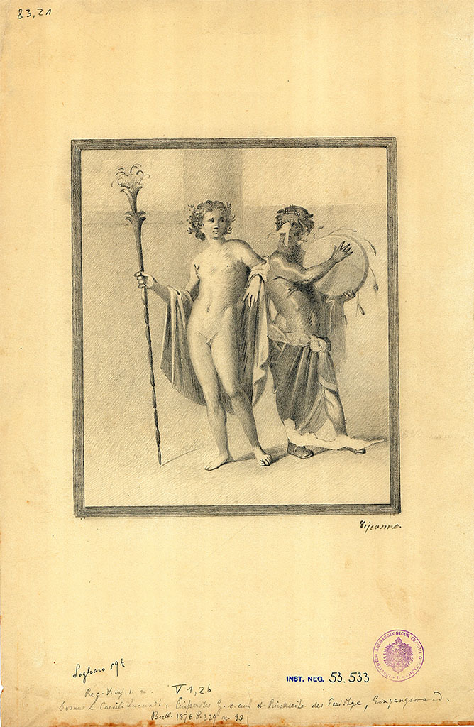 V.1.26 Pompeii. Room "t", north wall. Drawing by G. Discanno of painting of Hermaphrodite and Silenus.
DAIR 83.21. Photo © Deutsches Archäologisches Institut, Abteilung Rom, Arkiv.
Original painting now in Naples Archaeological Museum. Inventory number 111213.
See Carratelli, G. P., 1990-2003. Pompei: Pitture e Mosaici: Vol. III. Roma: Istituto della enciclopedia italiana, p. 616 and 618, no. 89.