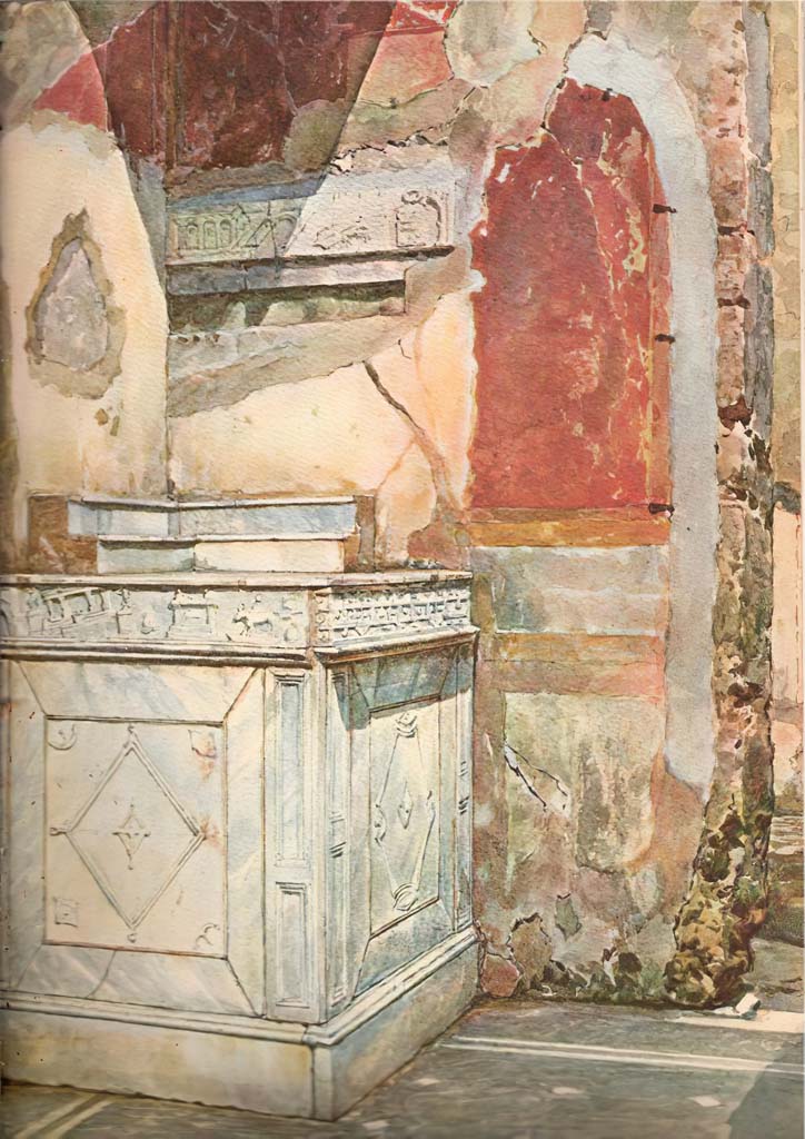 V.1.26 Pompeii. Undated watercolour by Luigi Bazzani of marble lararium in north-west corner of atrium.