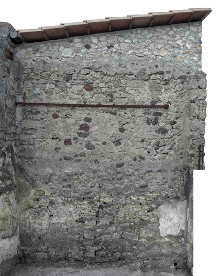 V.1.27 Pompeii. c.2012.
North wall of shop. Photo by Hans Thorwid.
“Restored part of the wall photographed and merge with the lower part and floor line of earlier photos from 2005-07.”
Photo and words courtesy of The Swedish Pompeii Project.