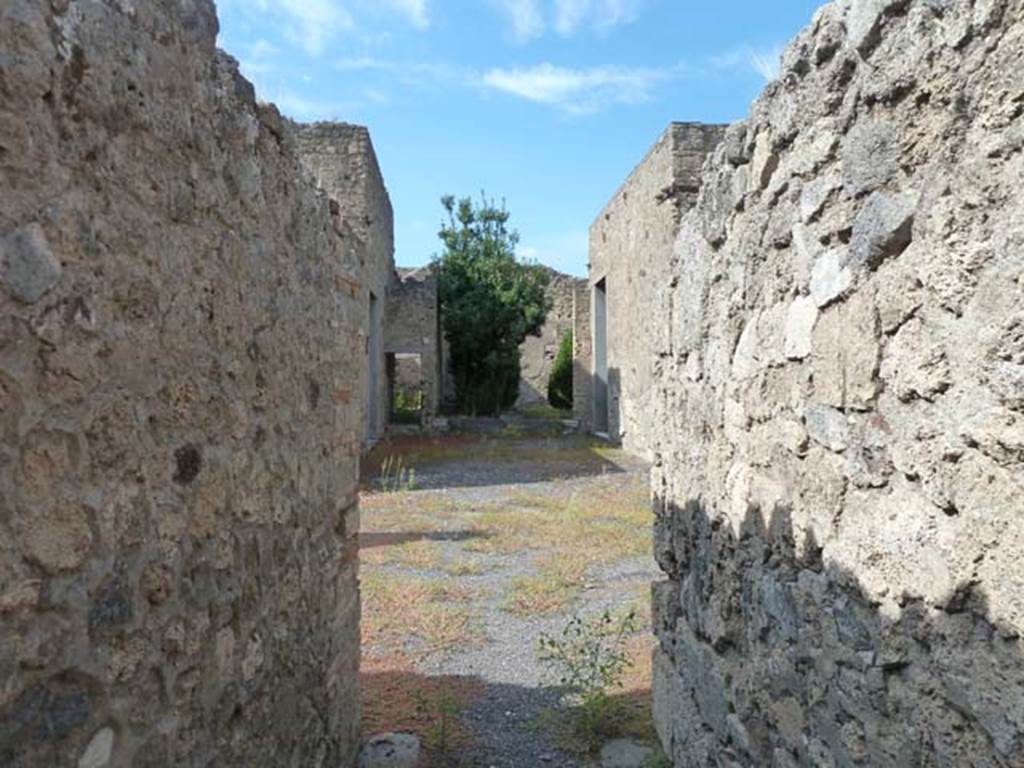 V.2.1 Pompeii. September 2015. Looking north from the entrance fauces across the atrium and site of impluvium to the garden area.
According to Garcia y Garcia �
�On the 13th September 1943, a bomb of huge calibre fully hit the atrium of this house, destroying apart from the cubiculum to the east of the atrium, the floor of the impluvium and its puteal, and also all of the rooms around the atrium with their dividing walls.
The bomb also caused the grave loss of IV Style paintings in the two cubicula to the west of the tablinum, that were originally decorated � the first with the paintings of �Leda and the Swan� and of �Poseidon and Amimone�, and the second, bigger and with the recess for the bed, with the paintings of �Marsia and Olympo�, �Giove and Danae�, and �Meleager and Atalanta�; two of these paintings were lost and it was only possible to recompose them from fragments.
Also the large windowed triclinium on the south-east side of the garden area suffered the notable damage that came, but only in part, and was hastily restored, and some of the collapsed paintings were able to be recomposed from the thousands of fragments.�
See Garcia y Garcia, L., 2006. Danni di guerra a Pompei. Rome: L�Erma di Bretschneider, (p.62).


