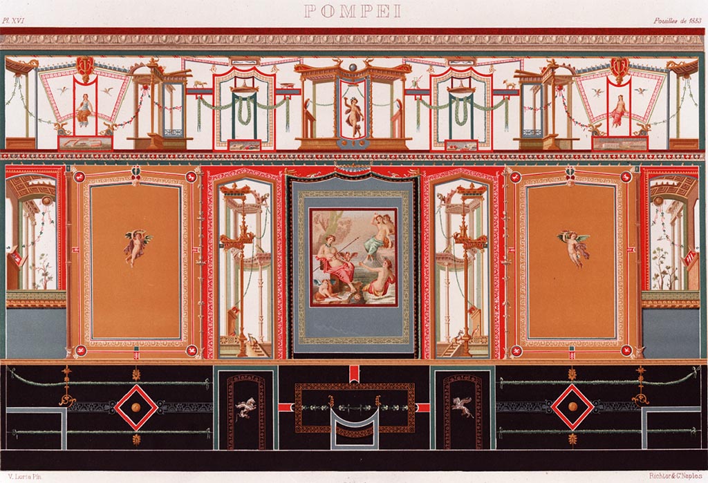 V.2.1 Pompeii. C.1886. Room 15, painting by D’Amelio showing east wall.
See D’Amelio P., 1886. Dipinti Murali di Pompei. Naples: Richter. Pl. XVI.