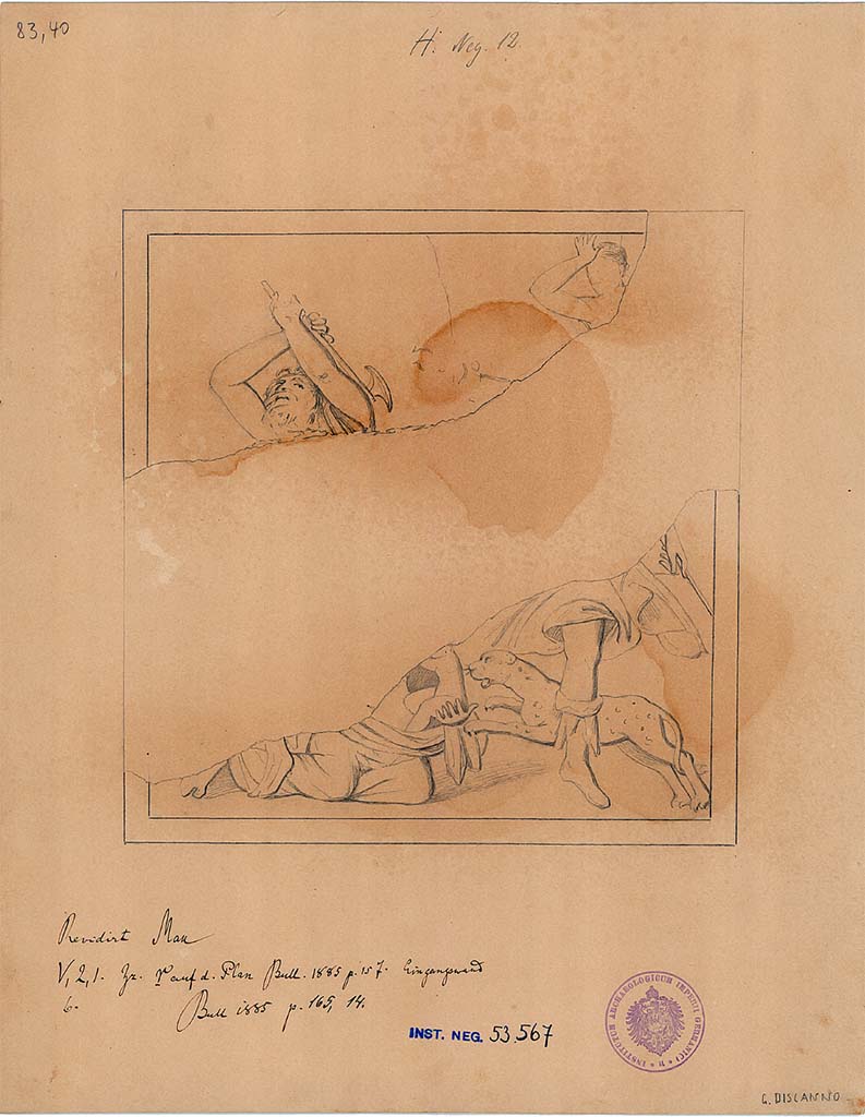 V.2.1 Pompeii.
Room 15, (or Triclinium “r”) design by G. Discanno of fragment of painting on the west wall of the Rage of Lycurgus.
See Mau in Bullettino dell’Instituto di Corrispondenza Archeologica (DAIR), 1885, p. 157, p. 165 no.14.
DAIR 83.40. Photo © Deutsches Archäologisches Institut, Abteilung Rom, Arkiv.