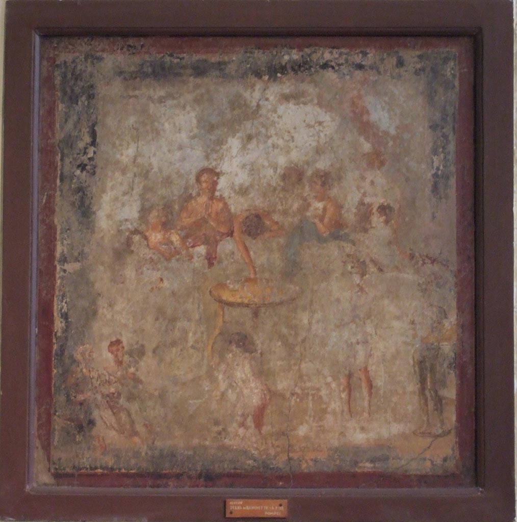 V.2.4 Pompeii. Room 15, painting of banqueting scene from west wall of triclinium.
Continuation. The guests are still drinking and the singing and dancing has begun.
Now in Naples Archaeological Museum. Inventory number 120030.
See Ruesch A., Ed, 1909. Illustrated Guide to the National Museum in Naples. Naples: Richter. (p. 114-5).
See Richardson, L., 2000. A Catalog of Identifiable Figure Painters of Ancient Pompeii, Herculaneum. Baltimore: John Hopkins (p.176)
See Fröhlich, T., 1991. Lararien und Fassadenbilder in den Vesuvstädten. Mainz: von Zabern. Taf. 21,1.