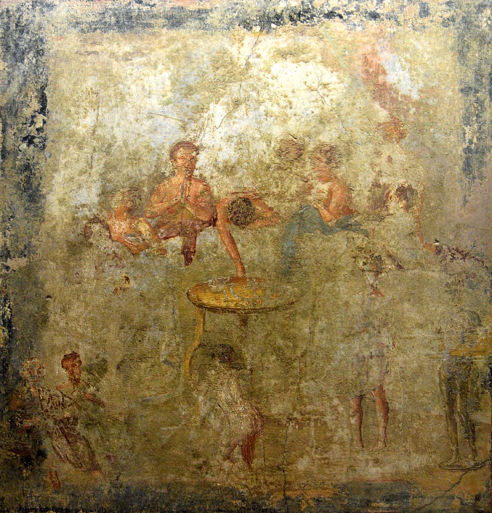 V.2.4 Pompeii. June 2017. Room 15, painting of banqueting scene from west wall of triclinium showing the Continuation.
The guests are still drinking and the singing and dancing has begun. Photo courtesy of Johannes Eber.
