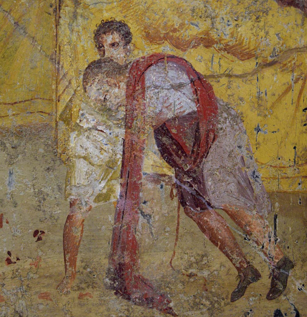 V.2.4 Pompeii. June 2017.
Room 15, detail from painting of banqueting scene from east wall of triclinium. Photo courtesy of Johannes Eber.
