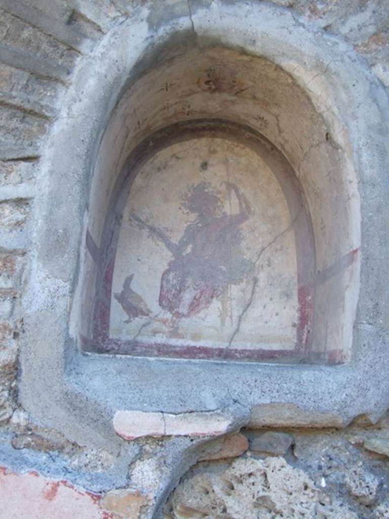 V.2.4 Pompeii. December 2007. Detail of arched niche on south wall of the atrium to the east of the entrance. See Fröhlich, T., 1991, Lararien und Fassadenbilder in den Vesuvstädten. Mainz: von Zabern. (L42:p.267, T. 35,2).
According to Boyce, the interior was white, outlined with red stripes and on the rear wall was painted the figure of Jupiter. He was sitting on a throne with a green cushion, his feet on a footstool. The upper part of him was naked, the lower wrapped in a reddish mantle. He held a sceptre in his left hand, and a thunderbolt in his right. On his left side, was the eagle gazing up at Jupiter. The arched ceiling of the niche, was painted with yellow, rose and violet stars on a white background.
In the centre was painted the bust of Luna with the whip in her hand, beneath her was a crescent moon.
See Boyce G. K., 1937. Corpus of the Lararia of Pompeii. Rome: MAAR 14. (p.34, no.86 and Pl. 2, 6)