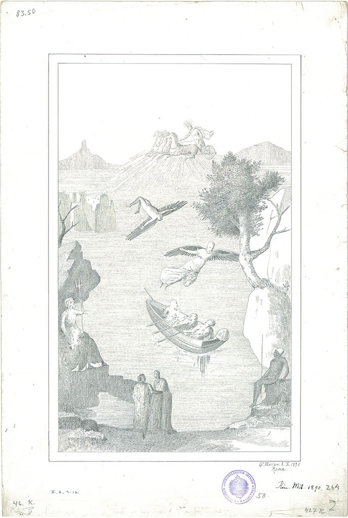 V.2.10 Pompeii. 7th October 1890. Room 9, cubiculum, north wall.
Drawing by G. Mariani of wall painting of Daedalus and Icarus.
DAIR 83.49. Photo © Deutsches Archäologisches Institut, Abteilung Rom, Arkiv.