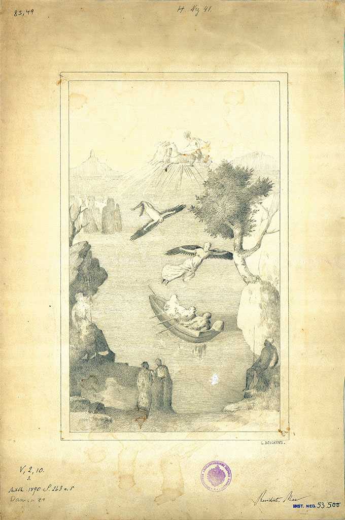 V.2.10 Pompeii. 1890. Room 9, cubiculum, north wall.
Drawing by G. Discanno of wall painting of Daedalus and Icarus.
DAIR 83.49. Photo © Deutsches Archäologisches Institut, Abteilung Rom, Arkiv.