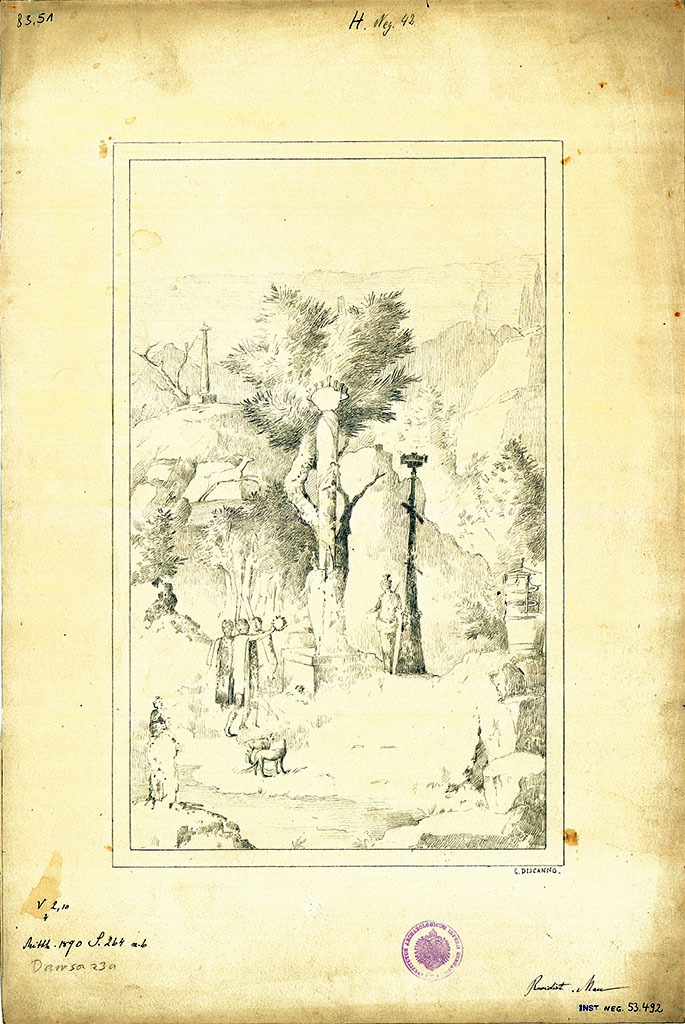 V.2.10 Pompeii. Room 9, cubiculum, south wall.
19th century drawing by G. Discanno of wall painting of Diana-Isis with Hippolytus and hunters.
DAIR 83.51. Photo © Deutsches Archäologisches Institut, Abteilung Rom, Arkiv.