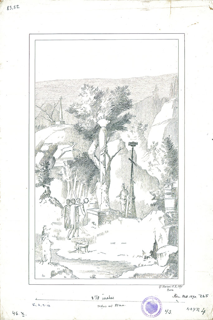 V.2.10 Pompeii. 15th October 1890. Room 9, cubiculum, south wall.
Drawing by G. Mariani of wall painting of Diana-Isis with Hippolytus and hunters.
DAIR 83.52. Photo © Deutsches Archäologisches Institut, Abteilung Rom, Arkiv.