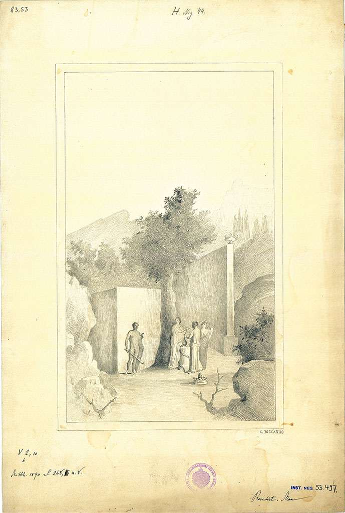 V.2.10 Pompeii. Room 9, cubiculum, entrance (west) wall.
19th century drawing by G. Discanno of wall painting of Hercules and the Hesperides.
DAIR 83.53. Photo © Deutsches Archäologisches Institut, Abteilung Rom, Arkiv.