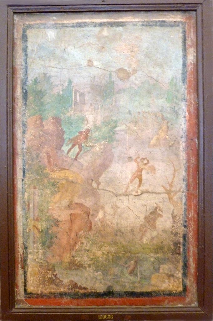 V.2.10 Pompeii. May 2010. East wall of room 9, cubiculum.
Wall painting of Marsyas, Minerva and the Muses.
Now in Naples Archaeological Museum. Inventory number 120626.