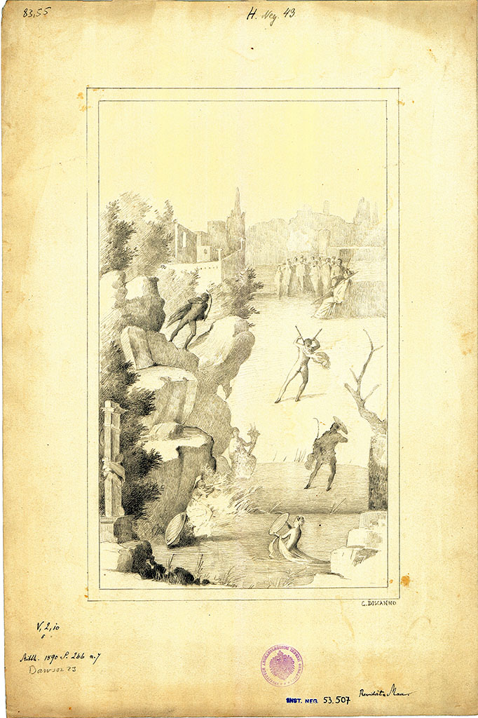 V.2.10 Pompeii. East wall of room 9, cubiculum.
19th century wall painting by G. Discanno of Marsyas, Minerva and the Muses.
DAIR 83.55. Photo © Deutsches Archäologisches Institut, Abteilung Rom, Arkiv.