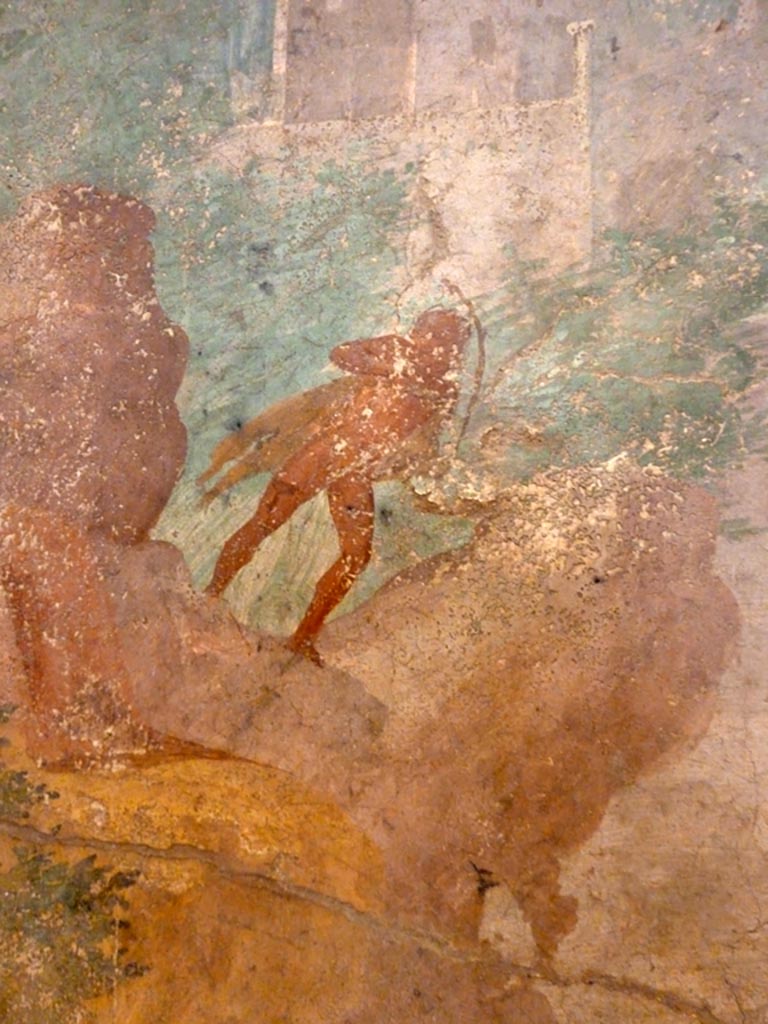 V.2.10 Pompeii. May 2010. Detail from wall painting from east wall of room 9, cubiculum.
On the top of the rocky outcrop above Minerva’s head stands Marsyas, leaning forward listening or gazing.
Now in Naples Archaeological Museum. Inventory number 120626.