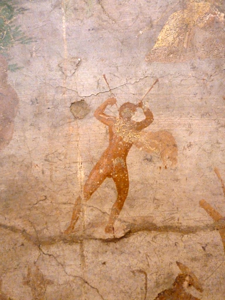 V.2.10 Pompeii. May 2010. Detail from wall painting from east wall of room 9, cubiculum.
Towards the centre of the picture, Marsyas is playing the double flute.
Now in Naples Archaeological Museum. Inventory number 120626.