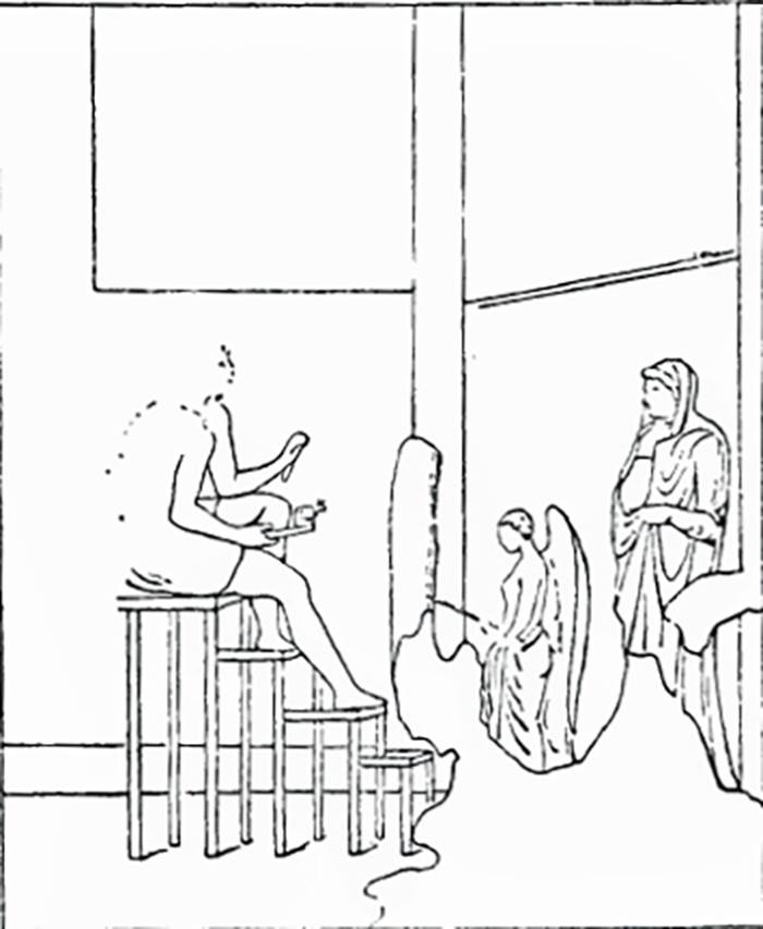 V.2.10 Pompeii. Room 5, triclinium, east (rear) wall.
1890 drawing of painting of Pasiphae in the workshop of Daedalus.
See Mitteilungen des Kaiserlich Deutschen Archaeologischen Instituts, Roemische Abtheilung Volume XXVI, 1890, p. 261.