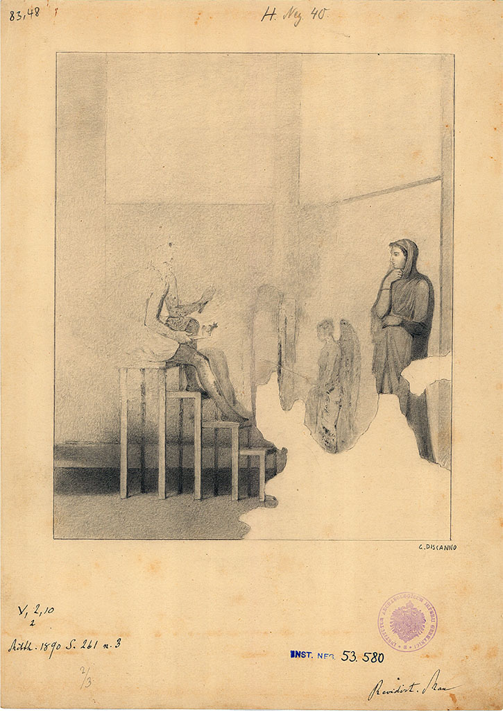 V.2.10 Pompeii. Room 5, triclinium, east (rear) wall.
19th century drawing by G. Discanno of painting of Pasiphae in the workshop of Daedalus.
DAIR 84.48. Photo © Deutsches Archäologisches Institut, Abteilung Rom, Arkiv.