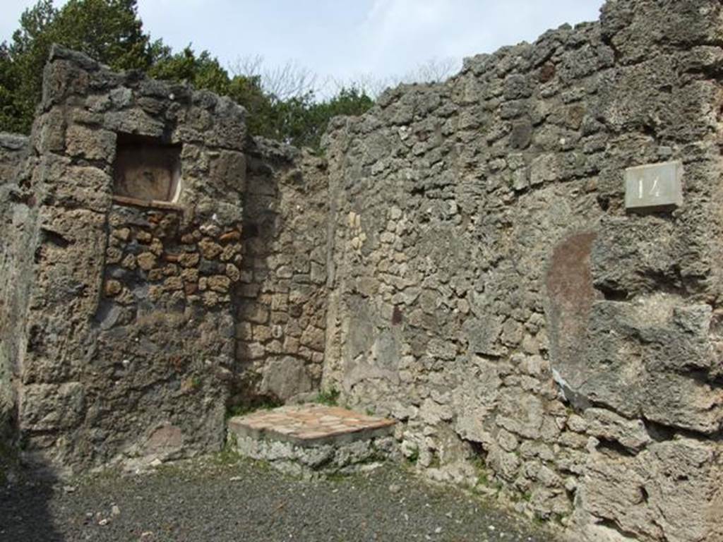 V.2.14 Pompeii. March 2009. East wall of shop with base for stairs to upper floor in north east corner.