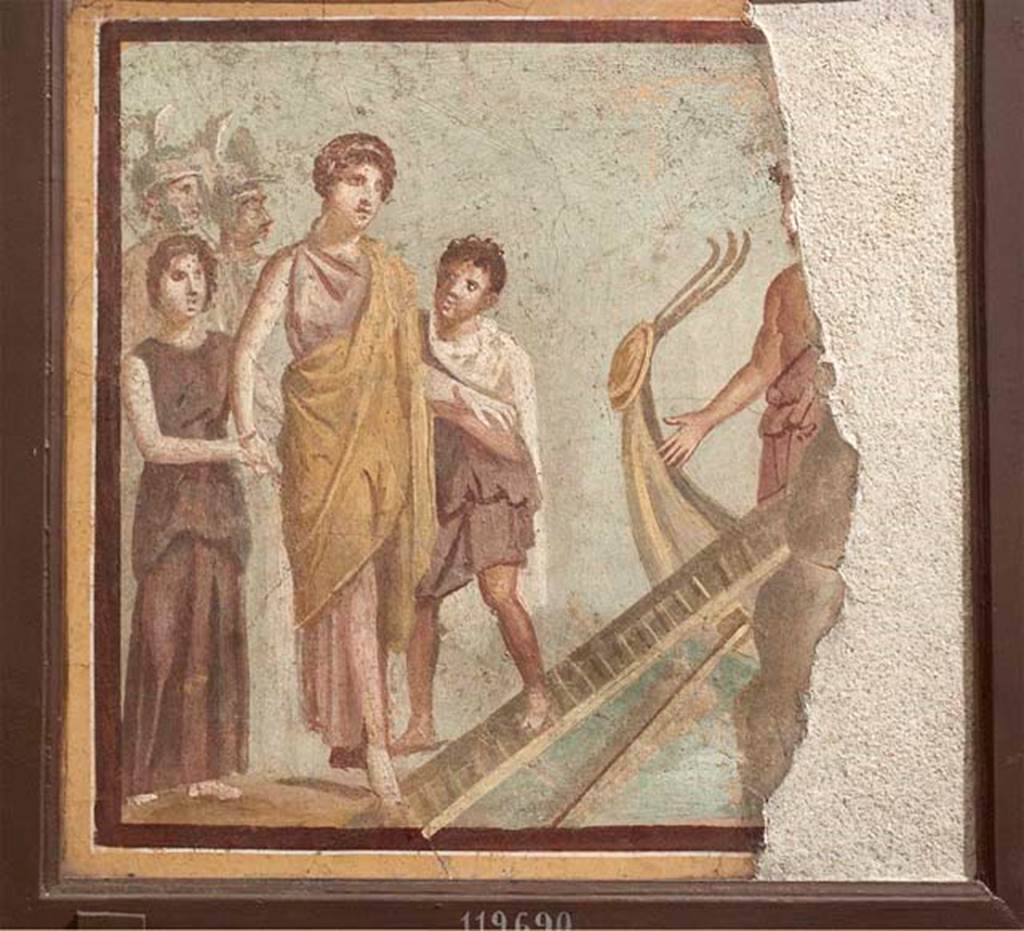 V.2.14 Pompeii. North wall of rear room. Painting of the Embarkation of Helen. Now in Naples Archaeological Museum. Inventory number 119690. See Richardson, L., 2000. A Catalog of Identifiable Figure Painters of Ancient Pompeii, Herculaneum. Baltimore: John Hopkins. (p.141). See Schefold, K., 1962. Vergessenes Pompeji. Bern: Francke. (Tafel 171, 2). See Ragghianti, C.L., 1963. Pittori di Pompei. Milano: Edizioni del Milione. (pl.70). According to Sogliano in NdS, this painting was of the departure of Chryseis. See Notizie degli Scavi di Antichità, 1896, (p.438).