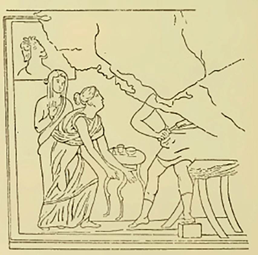 V.2.14 Pompeii. Drawing of 1890. East wall of rear room. Drawing of the wall painting of Ulysses and Circe.
Now in Naples Archaeological Museum. Inventory number 119689.
Ulysses is leaping from his seat and preparing to draw his sword against Circe who with out-stretched hands implores his mercy.
One of his companions, in his changed form, looks in through an upper window.
See Richardson, L., 2000. A Catalog of Identifiable Figure Painters of Ancient Pompeii, Herculaneum. Baltimore: John Hopkins (p.141)
See Schefold, K., 1962. Vergessenes Pompeji. Bern: Francke. (Taf. 171, 1)