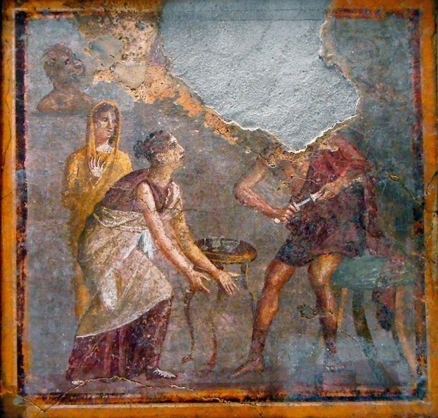 V.2.14 Pompeii. East wall of rear room. Wall painting of Ulysses drawing his sword against Circe.
Now in Naples Archaeological Museum. Inventory number 119689.
Photo courtesy of Carlo Raso.
