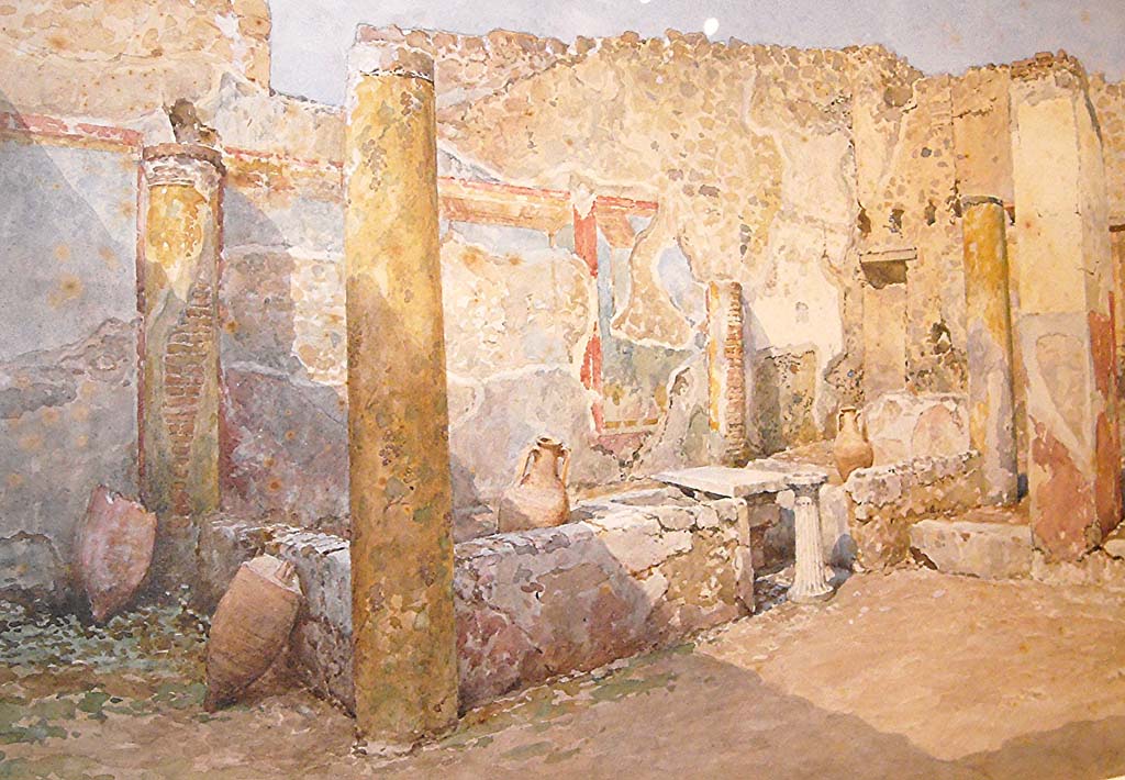 V.2.15 Pompeii. c.1914. Watercolour by Luigi Bazzani. Looking north-west across summer triclinium in peristyle.
Now in Naples Archaeological Museum, inventory number 139442.