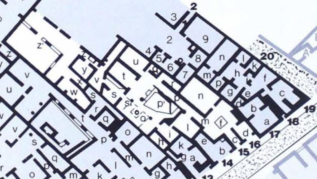V.2.15 Pompeii. Plan as shown in PPM.
See Carratelli, G. P., 1990-2003. Pompei: Pitture e Mosaici, Vol. III. Roma: Istituto della enciclopedia italiana, p. 855.
V = our room 10
W = our room 11e
X = our room 11d
X1 = not shown
Y = our room 11b
Z = our room 11a
Z1= our room 11c
(Note: the latest excavation (2018-19) now recognises the rooms 11a to 11e (PPM W to Z1) of this house and peristyle as belonging to the separate Casa di Orione/House of Orion entered from the Vicolo dei Balconi.)
