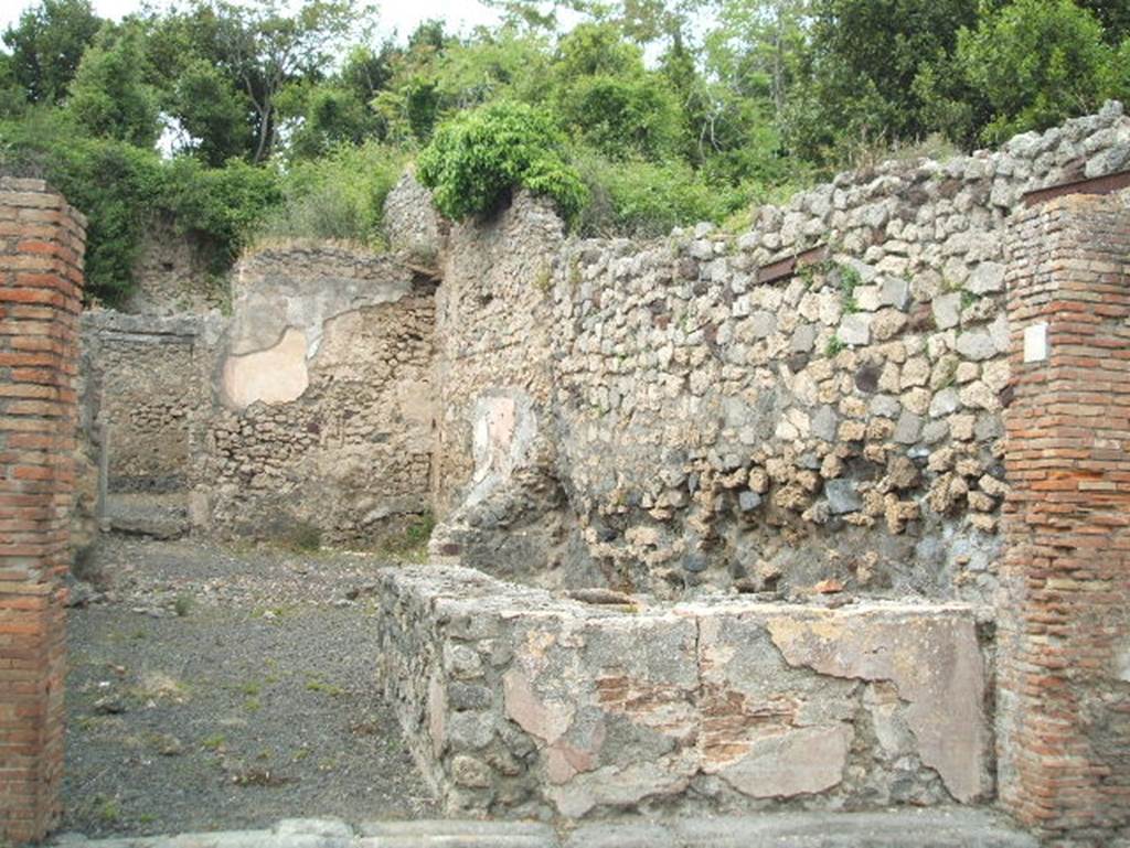 V.2.19 Pompeii. May 2005. Entrance, looking north.
Fiorelli wrote (on 15th November 1877) that the painting of Thetis was found on the podium in V.2.17.
See Notizie degli Scavi di Antichità, 1877, p.251.
According to Sogliano, found on the front of the plastered podium of V.2.19 was a painting (0.51 high, 0.79 wide) of Thetis with the armour of Achilles.
See Sogliano, A., 1879. Le pitture murali campane scoverte negli anni 1867-79. Napoli: Giannini. (p.113, no.578).
In NdS, 1896, was written –
No.17 – La bottega “a” ha annessa la retrobottega “b” e l’apotheca “c”.
No.18-19. Il termopolio “a” contiene il banco della vendita, decorato nel lato anteriore, del dipinto di Tetide con le armi di Achille (Sogliano, Pitt.mur, 578).
Nella dietrobottega “b” vedesi sulla parete est il passaggio gia descritto in Notizie 1891, p.271.
Da questa dietrobottega si passa nella piccola abitazione annessa con posticum no.20, sulla vicolo orientale.
See Notizie degli Scavi di Antichità, 1896, p. 440.