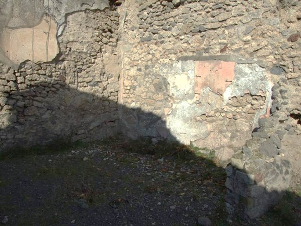 V.2.19 Pompeii. December 2007. East wall, with north-east corner of rear room.
According to NdS, on the east wall of the rear room a painted landscape was seen (1.05 high x 0.93 wide) (Bull. p.275 and following).
The usual shrine was seen with its relative sacred tree by a river; in the shrine – a female idol was recognisable.
On each of the two bases flanking the steps of the shrine stood a herm, as it seems.
Before the temple was an altar decorated with garlands on which were placed two oars (two torches according to Mau), towards the right was the figure of a praying woman. In the river, which Mau had seen less clearly, seven boats were able to be seen with sufficient certainty, painted with a glimpse, in one of which were two rowers in clear tunics and with low hats on their heads.
The painting of the landscape was damaged in the lower left corner.
See Notizie degli Scavi di Antichità, 1891, p. 271-2.