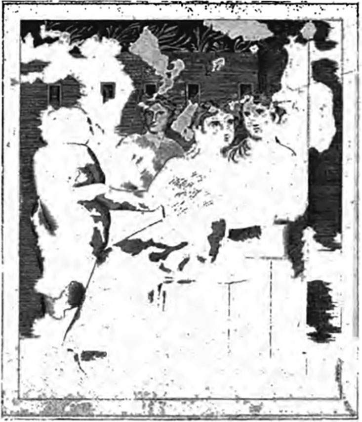 V.2.21 Pompeii. Painting of Silenus and 3 Bacchantes.
According to Mau,
“Of house no.21, I will speak more when it has been completely excavated.
For now, I will limit myself to reproduce a painting existing on the left wall of a room almost facing the street door (but more to the left).
It showed a bacchic scene (a Silenus and 3 Bacchantes) taking place in an area closed by a wall interrupted by windows and above which were some trees.”.
(Un Quadro esistente sulla parete sinistra di un vano quasi dirimpetto alla porta di strada (piu a sinistra).
Era rappresentata una scena bacchica (un Sileno e tre Baccanti) che si svolge in un luogo chiuso da un muro interrotto da finestrine (delle quali veramente non si vede lo scopo) e al disopra del quale compariscono degli alberi.)
See Bullettino dell’Instituto di Corrispondenza Archeologica (DAIR), 1894, p.60.