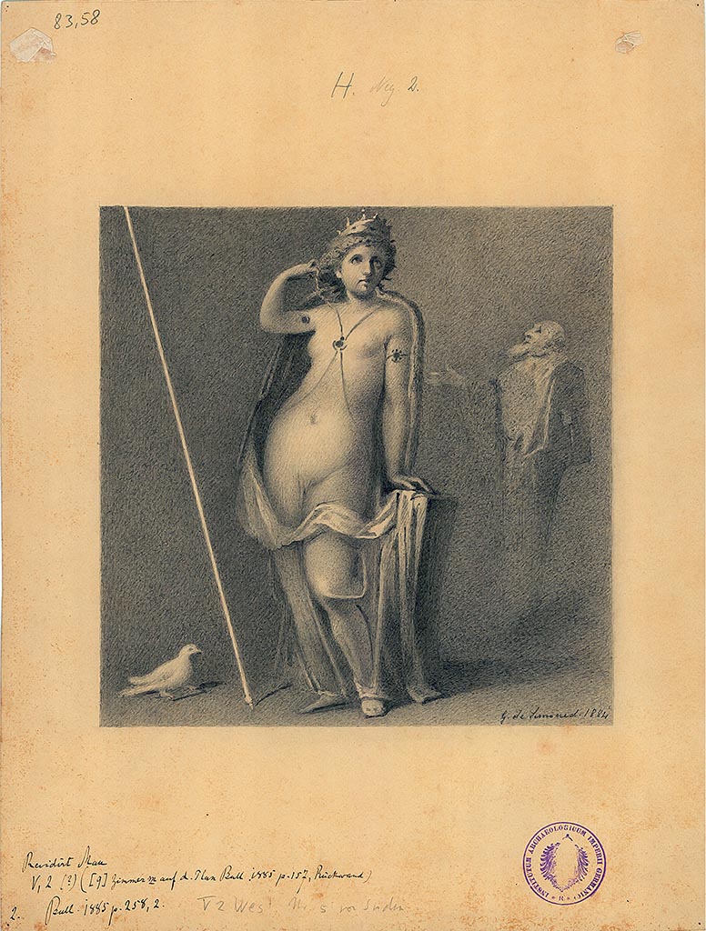 V.2.d Pompeii. East wall of triclinium “m”. Drawing by G. De Simone in 1884.
Painting, now lost, of Venus/Aphrodite with Herm of Priapus on her right.
DAIR 83.58. Photo © Deutsches Archäologisches Institut, Abteilung Rom, Arkiv.