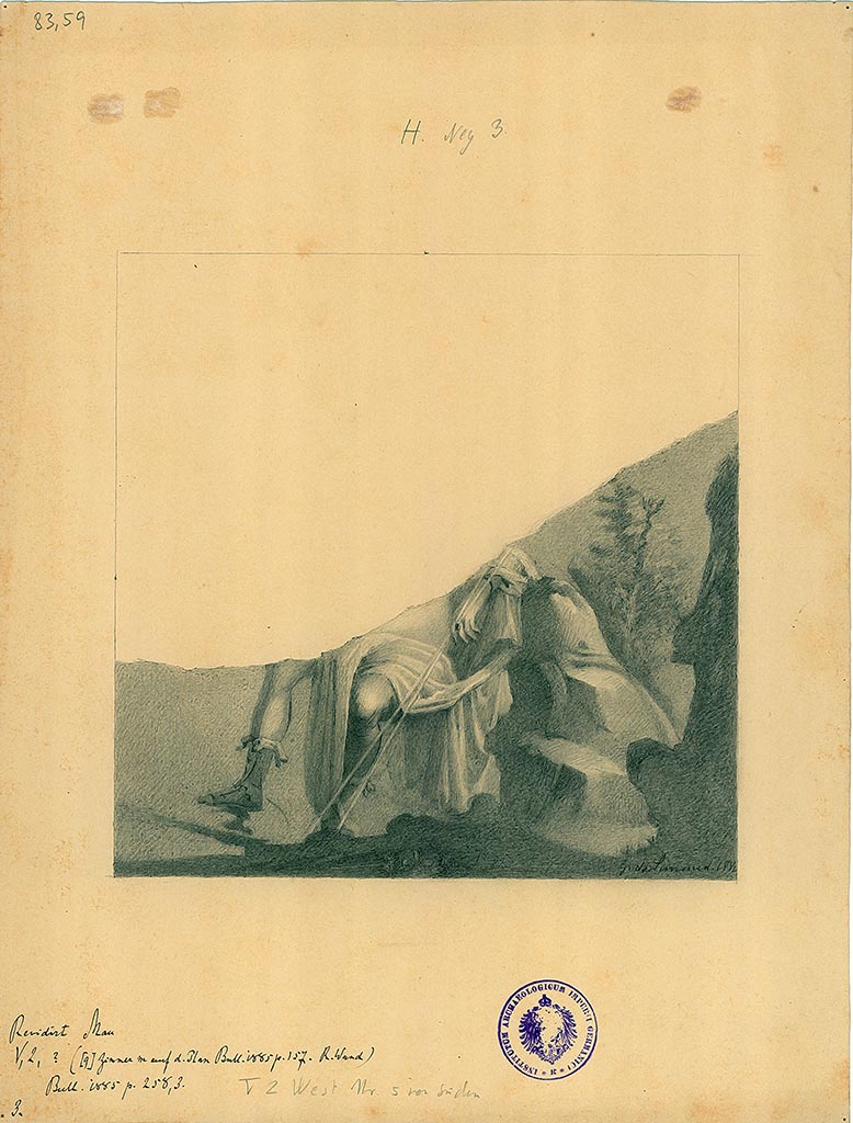 V.2.d Pompeii. South wall of triclinium “m”.
Drawing by G. De Simone made in 1882 or 1884, of fresco found already in fragments with a sitting figure of a hunter with high boots and two spears.
It is probable that Narcissus is represented, although the water and his image are missing.
DAIR 83.59. Photo © Deutsches Archäologisches Institut, Abteilung Rom, Arkiv.
See Bullettino dell’Instituto di Corrispondenza Archeologica (DAIR), 1885, page 258.