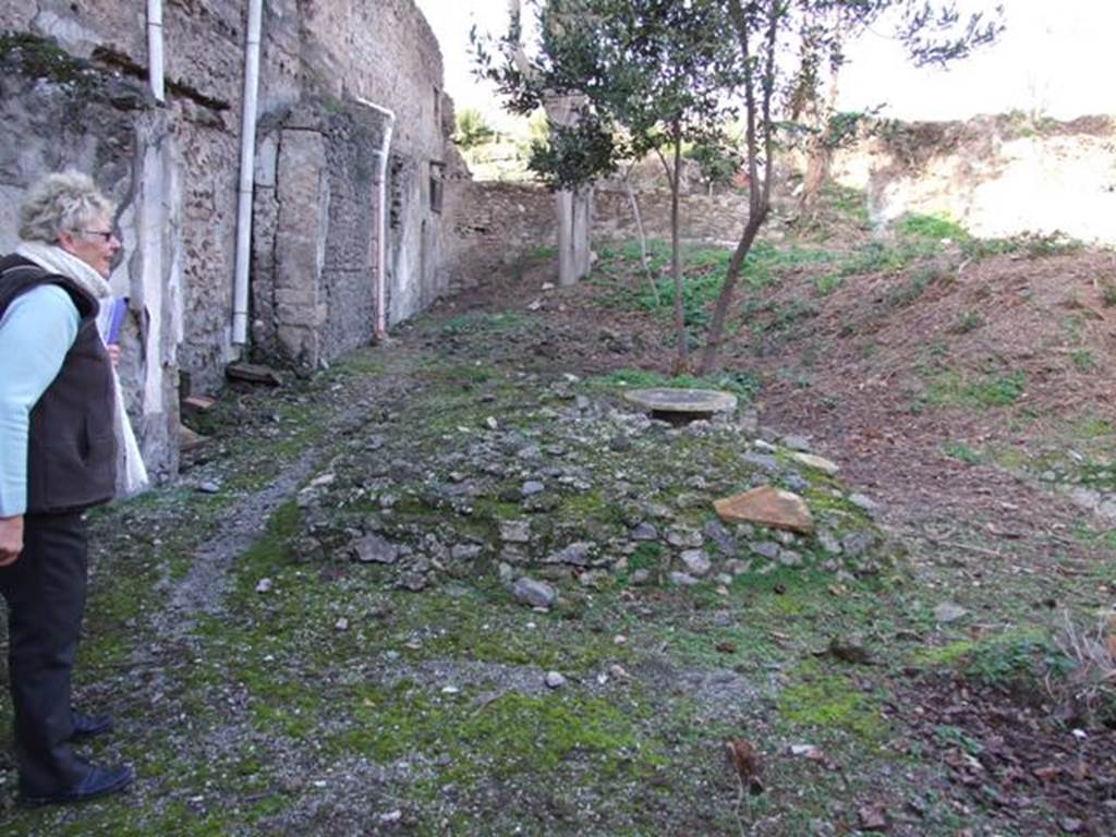 V.2.i Pompeii. December 2007. Room 25, large garden area to east of house. Remains of triclinium.
According to Jashemski –
To the east of the peristyle was a very large garden, excavated in 1907, originally enclosed by a portico supported by slender eight-sided columns, but these had been removed, probably because of earthquake damage. A masonry triclinium (l. medius 4.45m; l. imus and l. summus 300m) was later built in the middle of the west side and occupied the place of several columns. The round top table of white marble (0.80m in diam.) was supported by a masonry column and had an opening in the centre for a jet of water. A stopcock on the rear wall cut the flow of the fountain during mealtime.
In front of the triclinium was a rectangular pool (2.00m x 3.53m; depth 1.70m) with a low column in the centre from which jetted a second fountain.
The overflow from the pool spilled over into the garden through a large hole near the top of the south-west corner of the pool.
Various irrigation channels were found in the garden. The soil contours suggest that this was a kitchen garden. 
Spano reports that a post with a lion’s head from which water jetted was found near the triclinium.
Jashemski quotes her sources as –
Mau, RM (1895), pp.146-47; Spano, NSc (1910), p.324-28 and fig.1 (plan) on p.315; Soprano, p.298, no.9; Dohl, p.13
See Jashemski, W. F., 1993. The Gardens of Pompeii, Volume II: Appendices. New York: Caratzas. (p.113)


