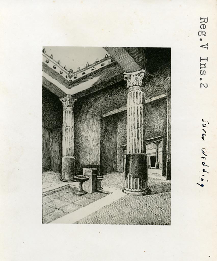 V.2.i Pompeii. Pre-1937-39. Drawing of south end of impluvium, looking through tablinum to peristyle.
Photo courtesy of American Academy in Rome, Photographic Archive. Warsher collection no. 500.
