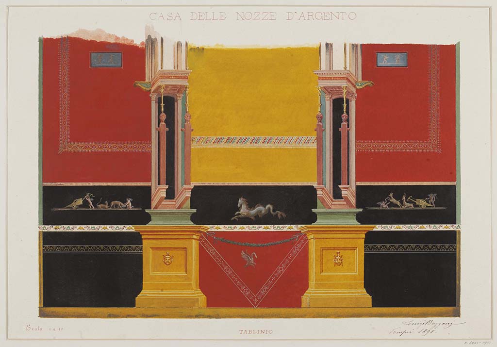 V.2.i Pompeii. 1898. Watercolour by Luigi Bazzani, showing detail of painted decoration on zoccolo of walls in tablinum.
Photo © Victoria and Albert Museum, inventory number E.6251-1910.
