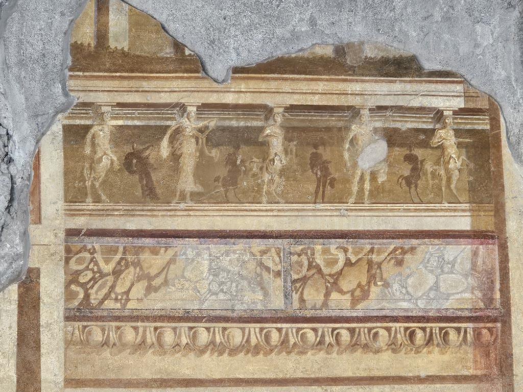 V.2.i Pompeii. November 2024. Room 19, detail from upper south wall at west end. Photo courtesy of Annette Haug.