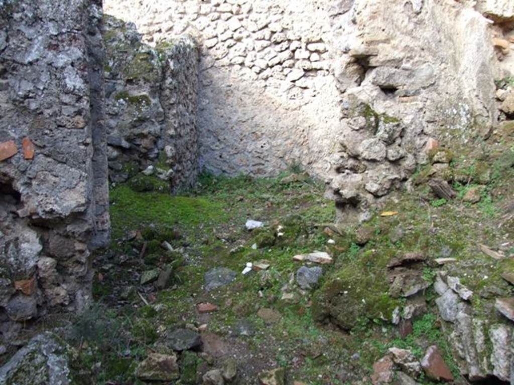 V.2.15 Pompeii. Casa di Giove. December 2007.
Room 9, looking towards north end of kitchen and into room 10. The latrine may have been on the lower left side of the photo.
According to PPM, Mau hypothesised that the area behind this kitchen, although not completely excavated, was a courtyard, (our room 10.)
He thought this area may originally have been the end of this house, and the rooms at its rear may have been added to it at a later time (?.)
Now he could recognise a kitchen or an ample storeroom, our room 11e, (PPM’s room w)
A small corridor, our room 11d, (PPM’s room x) which leads to the latrine (x1) where at the extreme north of the east wall was a lararium niche (?) under which was a type of terracotta wash-basin.
A cubiculum, our room 11b, (PPM’s y) which preserved traces of white plaster.
A corridor, our room 11a, (PPM’s z) in which there was a masonry podium which rendered the passageway difficult towards the courtyard, our room 10, (PPM’s v) and the peristyle, our room 11c, (PPM’s z1).
Together in this area, we have a duplication of rooms which we have already seen in the house, by this it does not seem impossible to exclude the hypothesis that in reality these rooms were in fact part of a house accessible from the still buried vicolo, between insulae 2 and 3.
See Carratelli, G. P., 1990-2003. Pompei: Pitture e Mosaici, Vol. III. Roma: Istituto della enciclopedia italiana, p. 855.
(Note: the latest excavation (2018-19) now recognises the rear of this house and peristyle as belonging to the separate house of Casa di Orione/House of Orion entered from the Vicolo dei Balconi. Room 10 is therefore now the final room in V.2.15 the Casa di Giove.)